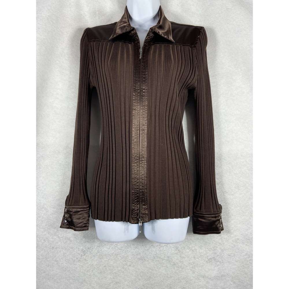 Cabi Sweater Women's Large Brown Full Zip Long Sleeve Ribbed Silk Cotton Blend
